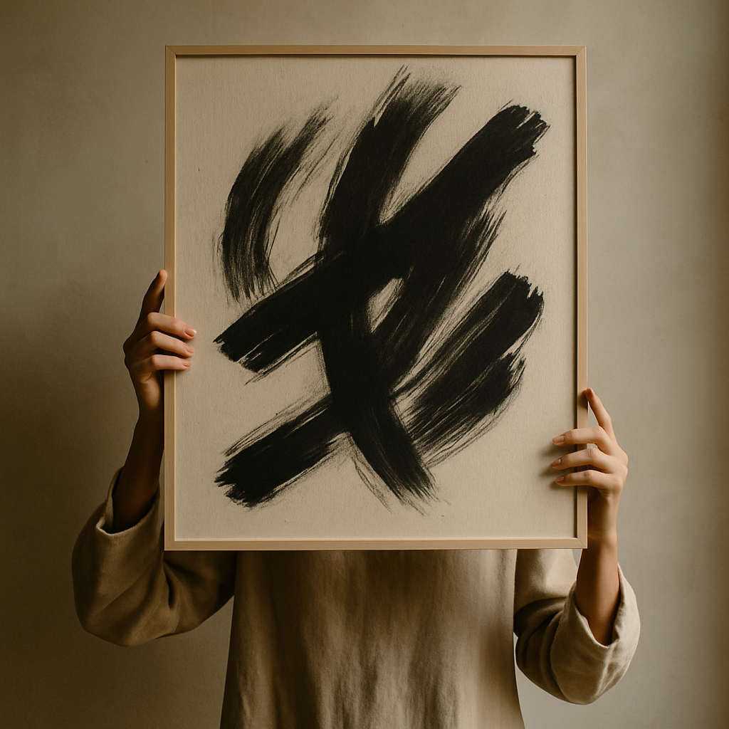 A person holds an painting of broad black brush strokes in front of their face
