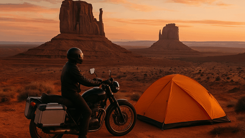 A motorbike is parked next to a tent in the Arizona desert